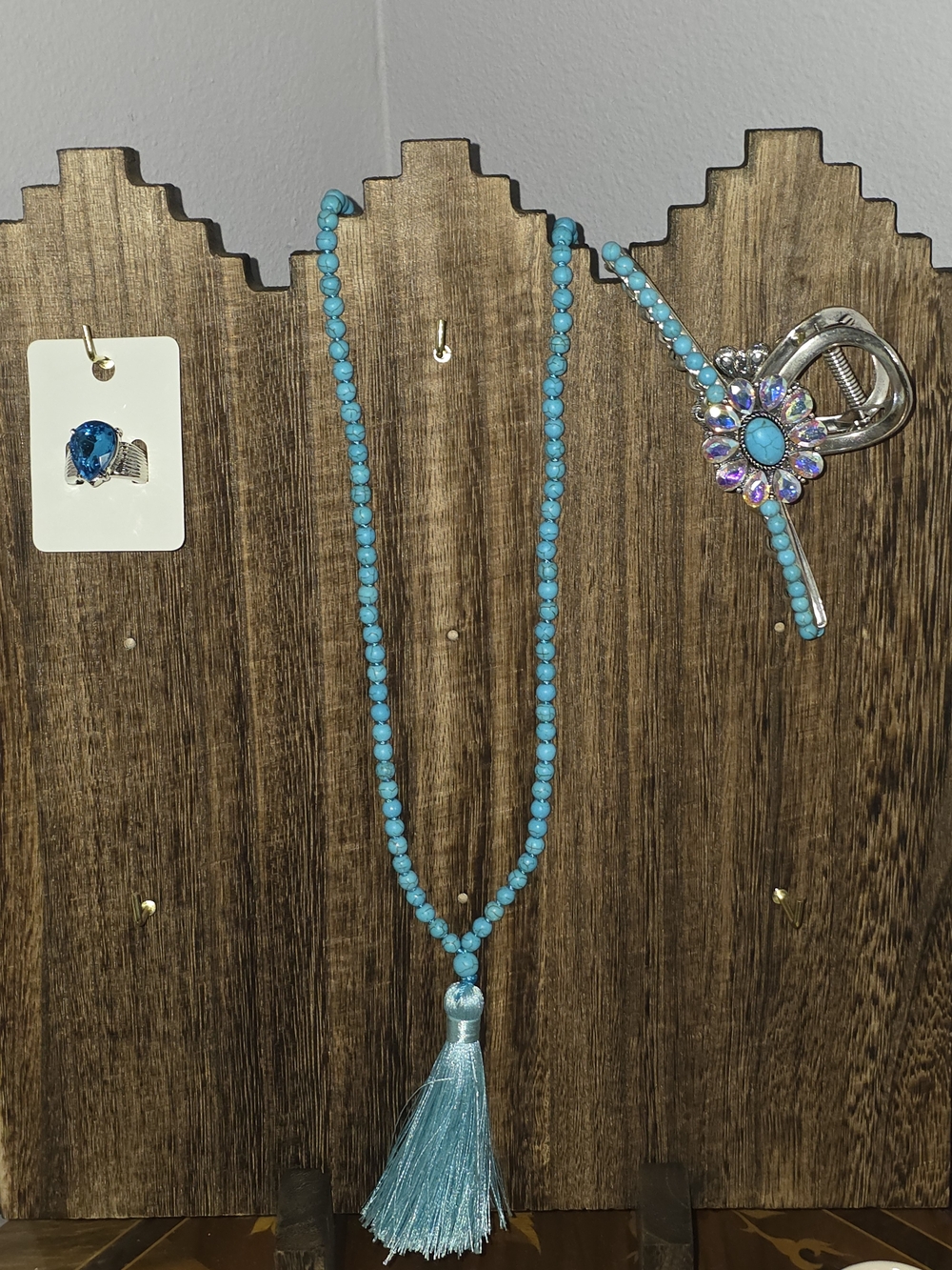 3 PC Set Turquoise Beaded Tassel Necklace + Hair Clip + Stretchy Silver Ring